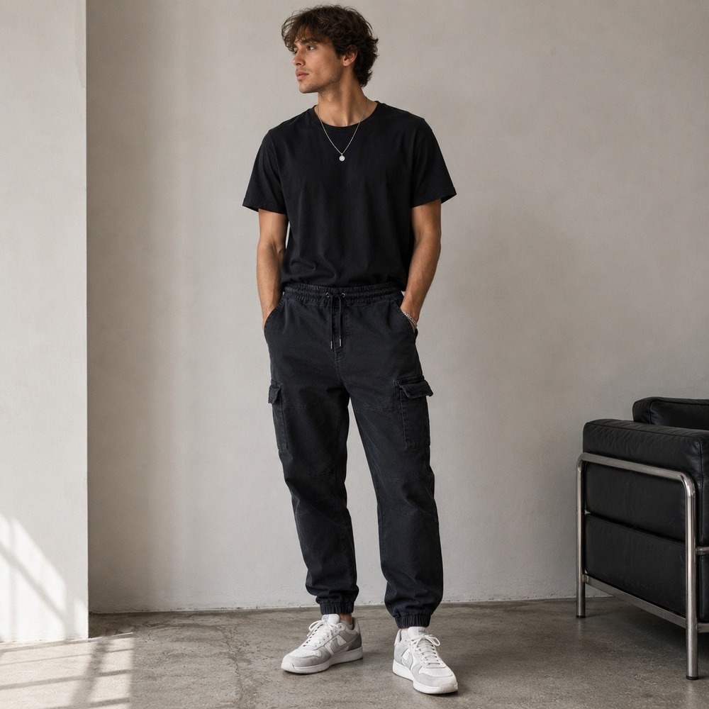 Twice Mens Black Cargo Jogger Pants Elastic Waist‎ Drawstring Slim Cuffs 34 x 30